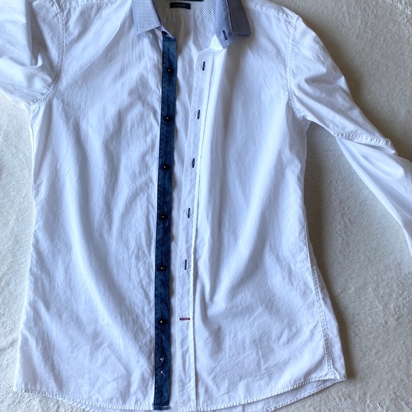 Carven Mens Button-Up Cotton Shirts Mens M White/Blue Striped cuffs - Picture 6 of 14